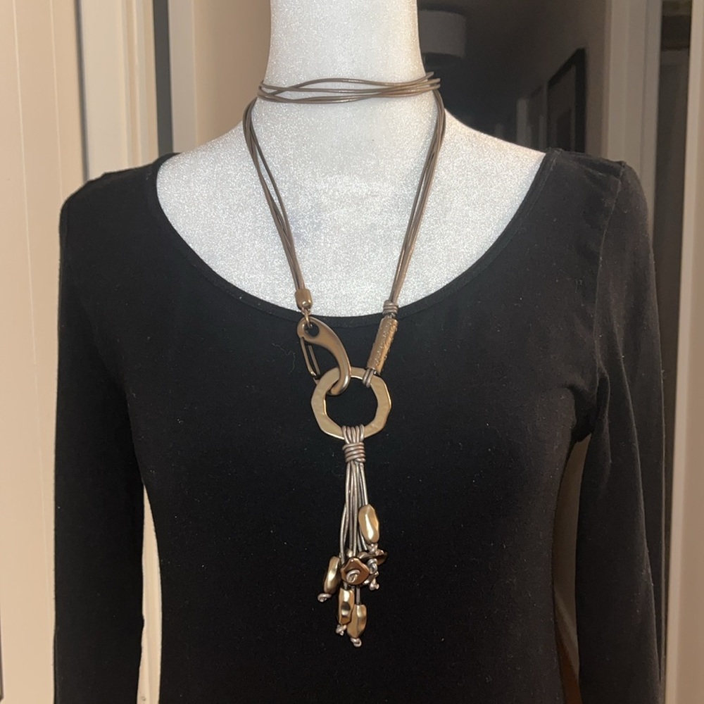 Bronze & leather multi-style long necklace.